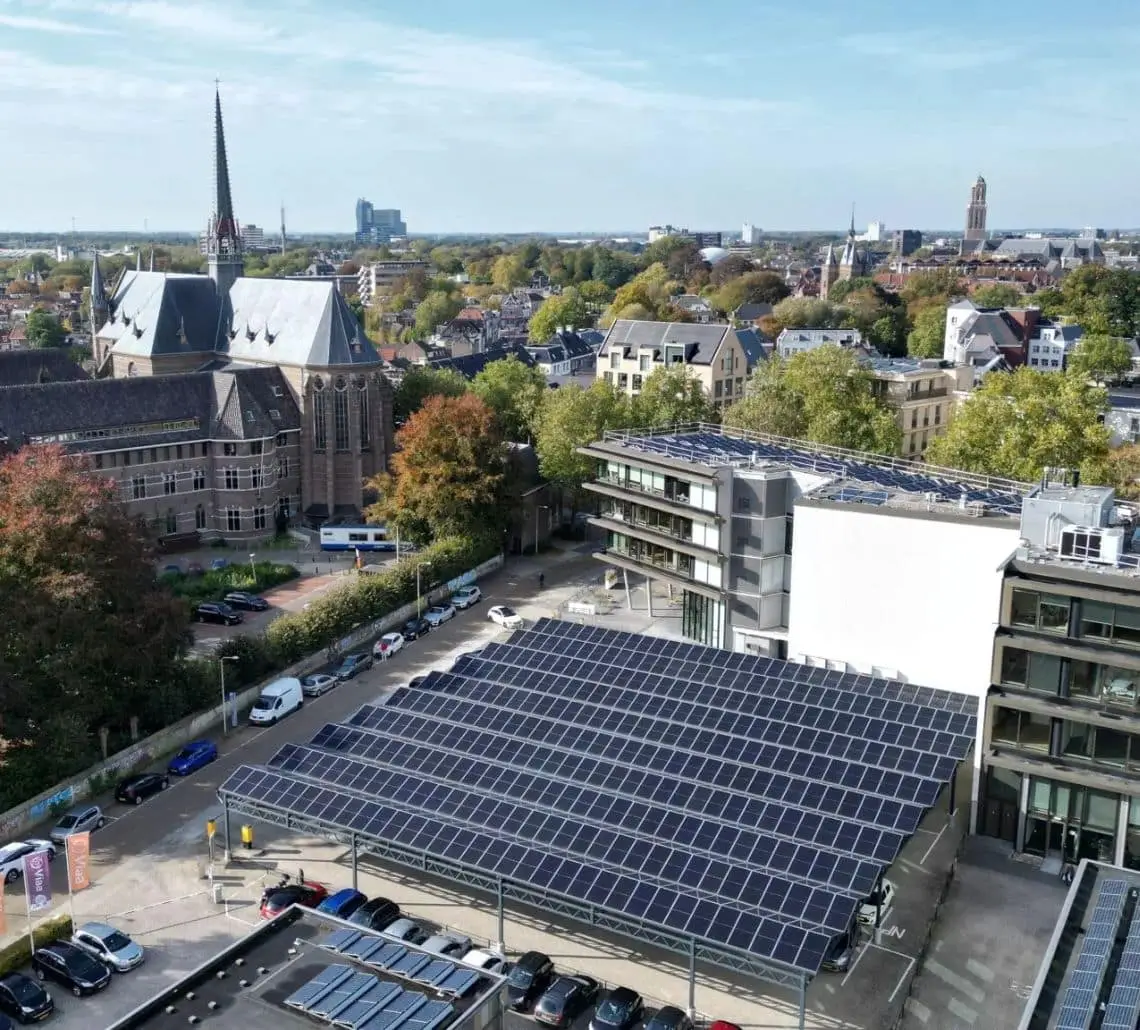 Solar Transferium Zwolle with solar panels and battery storage system supporting local smart energy hub operations.