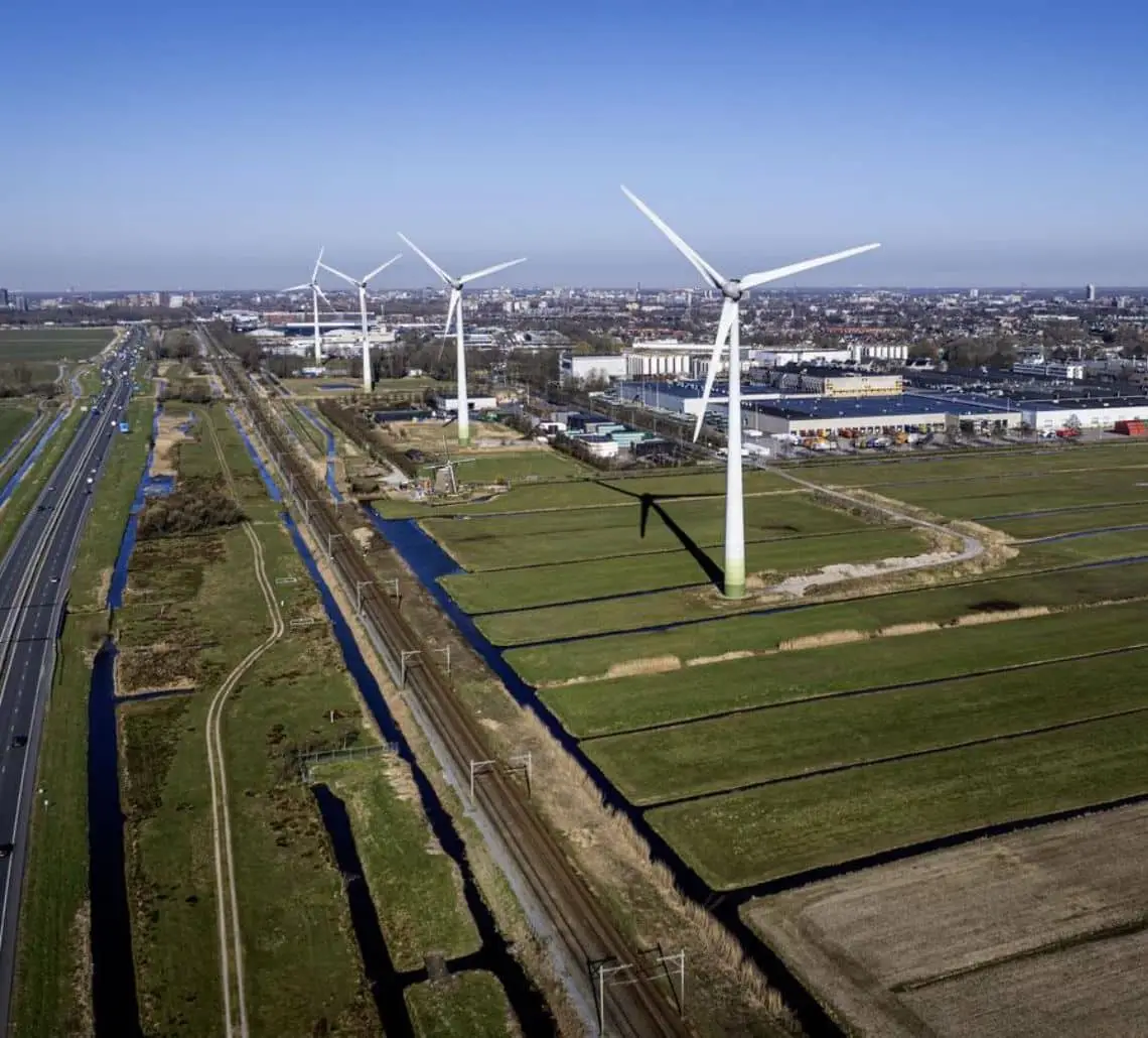 Wind turbines at Windpark Barrepolder supplying renewable energy directly to Heineken Zoeterwoude brewery for industrial sustainability.