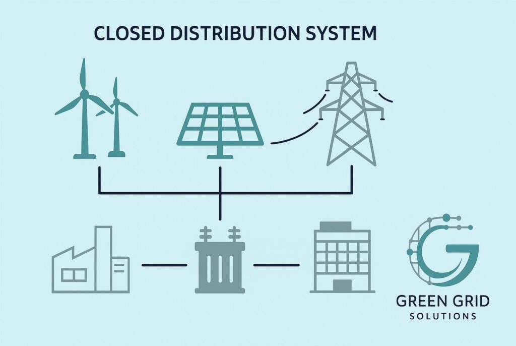 Closed Distribution Systems in EU Energy Projects 1 Diagram illustrating a Closed Distribution System (CDS) for integrated energy supply under EU regulations, including wind turbines, solar panels, and industrial infrastructure.