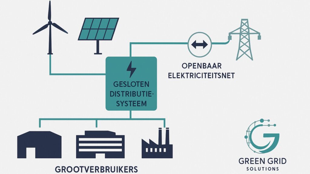 Gesloten distributiesystemen: eigen energienet als versneller van duurzaamheid 1 Schematische weergave van een Gesloten Distributiesysteem (GDS) dat duurzame energiebronnen zoals wind- en zonne-energie koppelt aan grootverbruikers, met koppeling aan het openbare elektriciteitsnet.